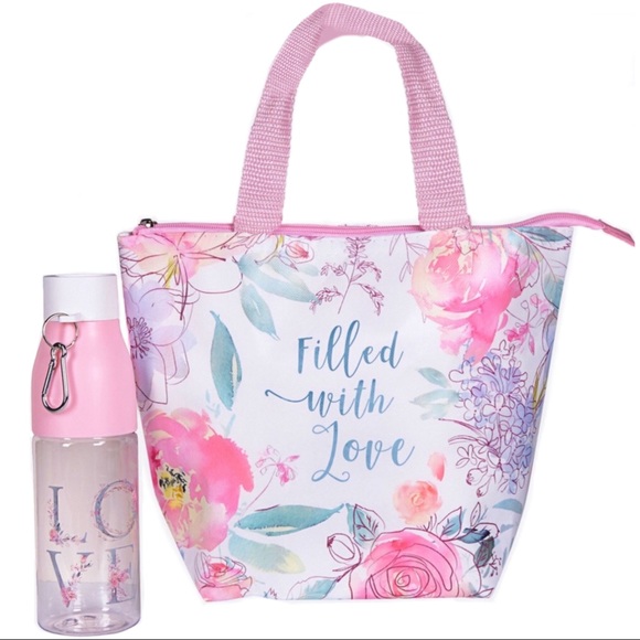 Set of Lunch Tote Water Bottle Filled w Love Pink - Picture 2 of 15